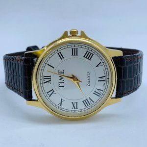 Time 35mm gold tone Quartz analog watch white dial brown up to 7.5” w/battery